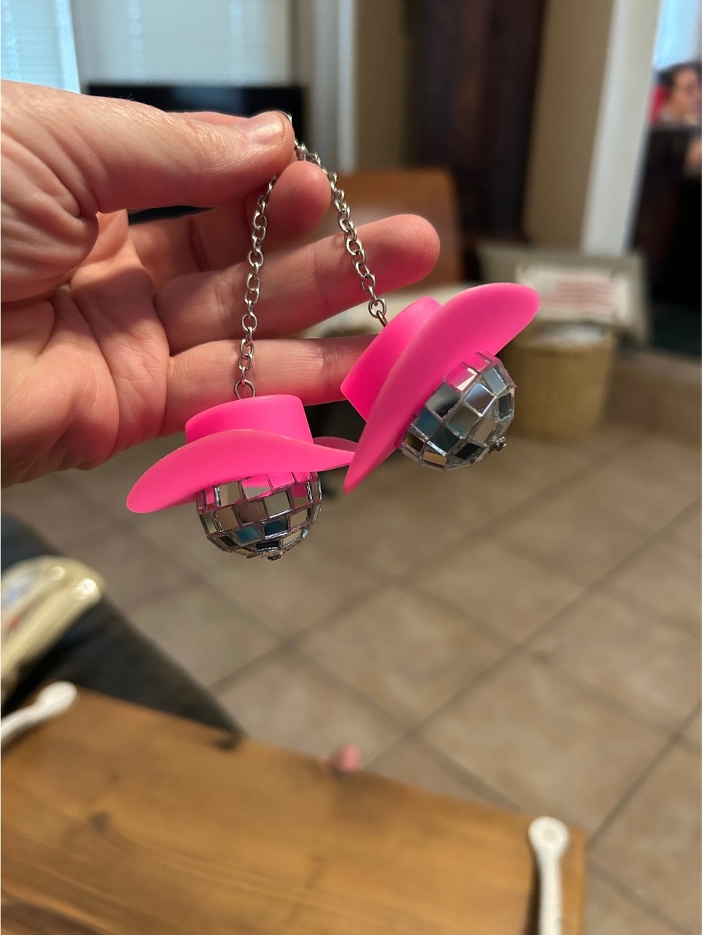 Unique Disco Ball Earrings with Pink Cowboy Hats